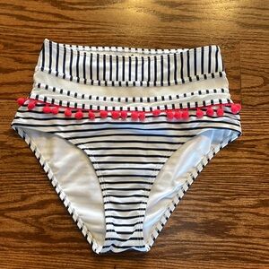 COCOSHIP high waisted bikini bottom navy striped with red pom poms EPOC size 6
